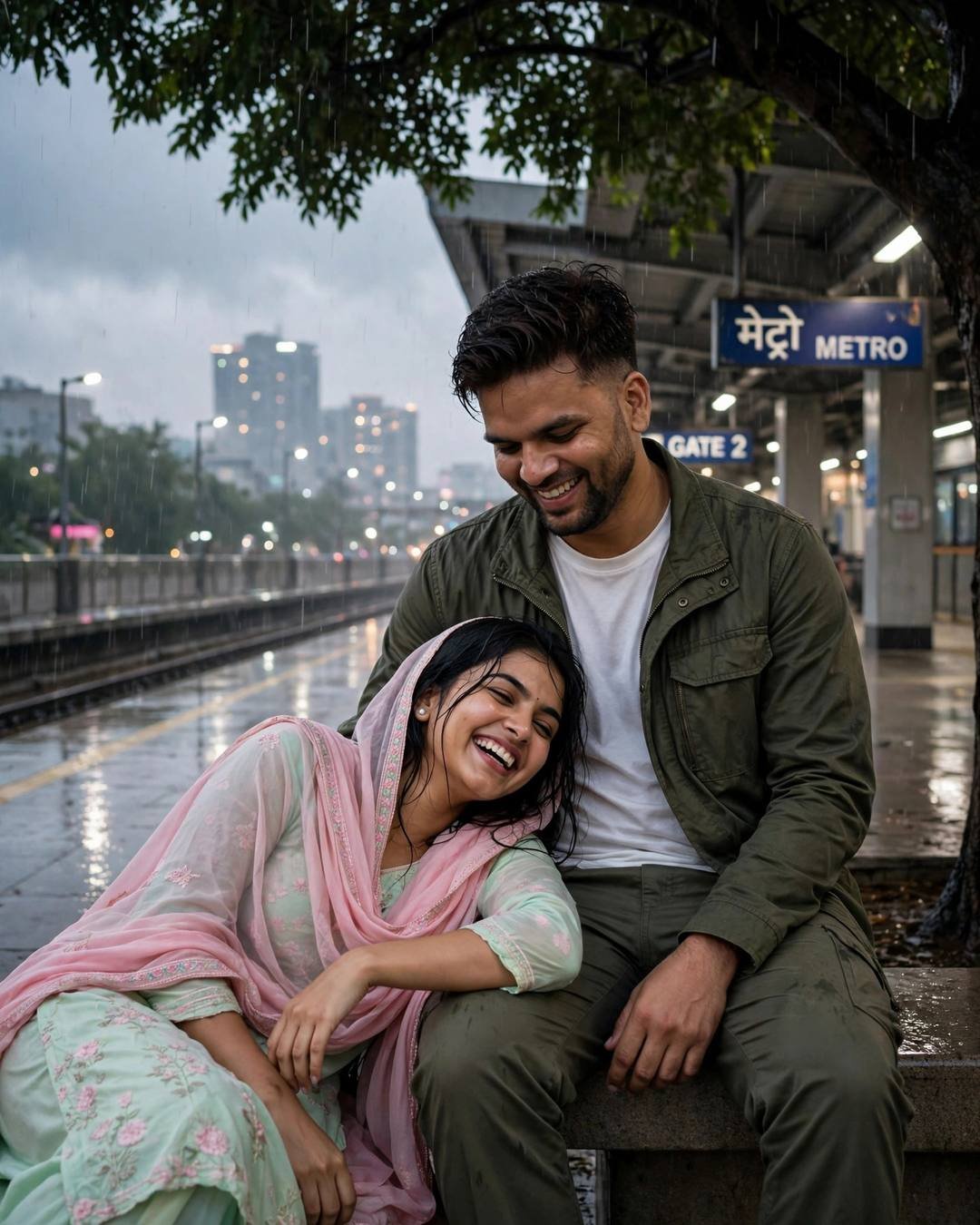 Young Indian couple laughing softly under a neem tree outside a metro station in drizzle, her head resting in his lap