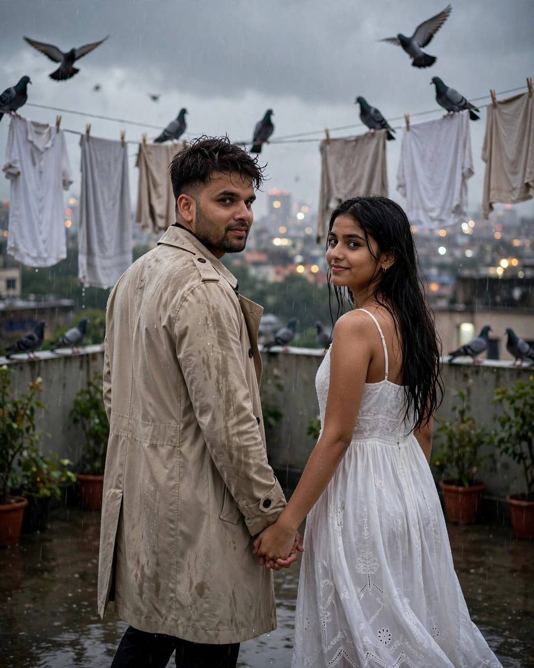 Young Indian couple walking hand in hand away across a rainy rooftop terrace, glancing back, pigeons flying above clotheslines