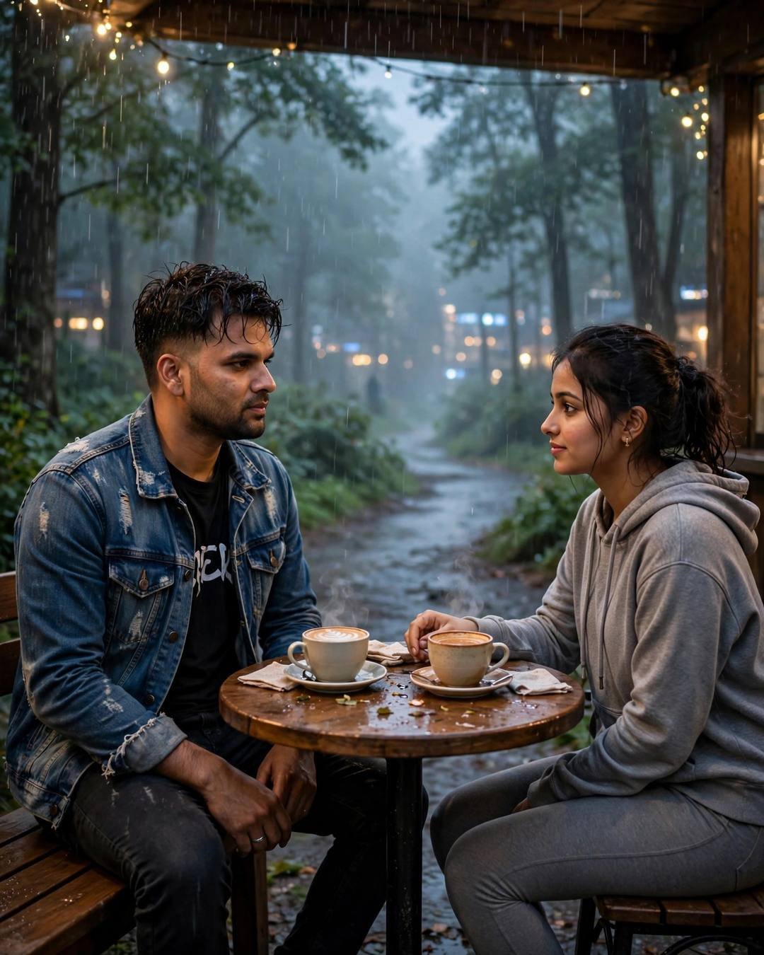 Young Indian couple across a small table with steaming cups under a fairy-lit shelter at the edge of a misty rainy forest