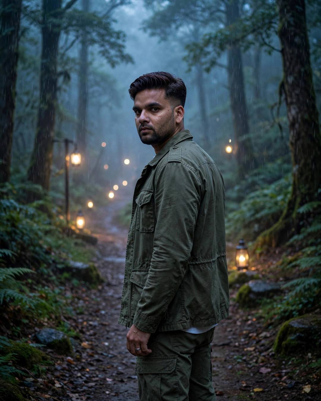 A man in an olive field jacket walking down a misty forest path at blue hour, looking back over his shoulder, lanterns glowing in the rain and fog