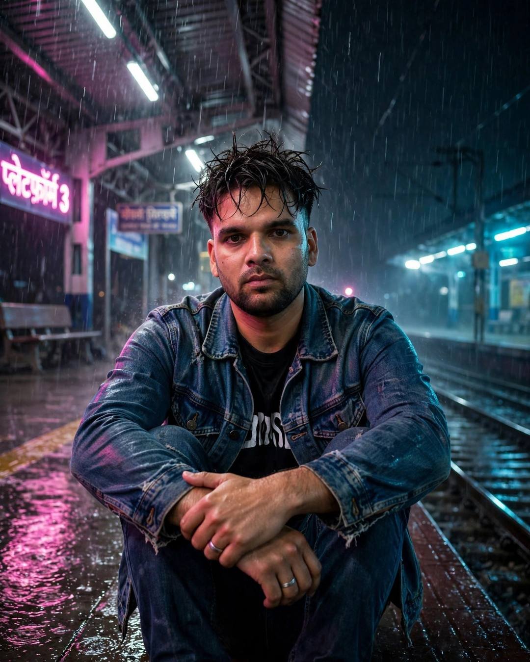 A man in a distressed denim jacket crouching on a rain-soaked railway platform at night, neon pink and cyan lights, Platform 3 sign glowing