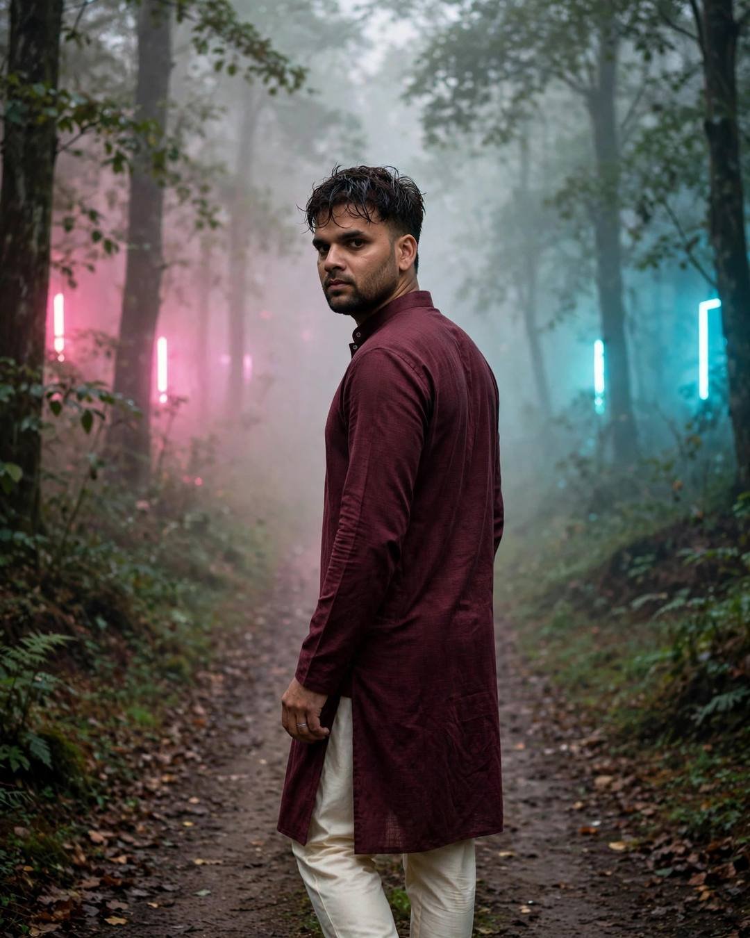 A man in a maroon kurta standing on a misty forest path, looking back over his shoulder, pink and cyan neon glowing through the fog