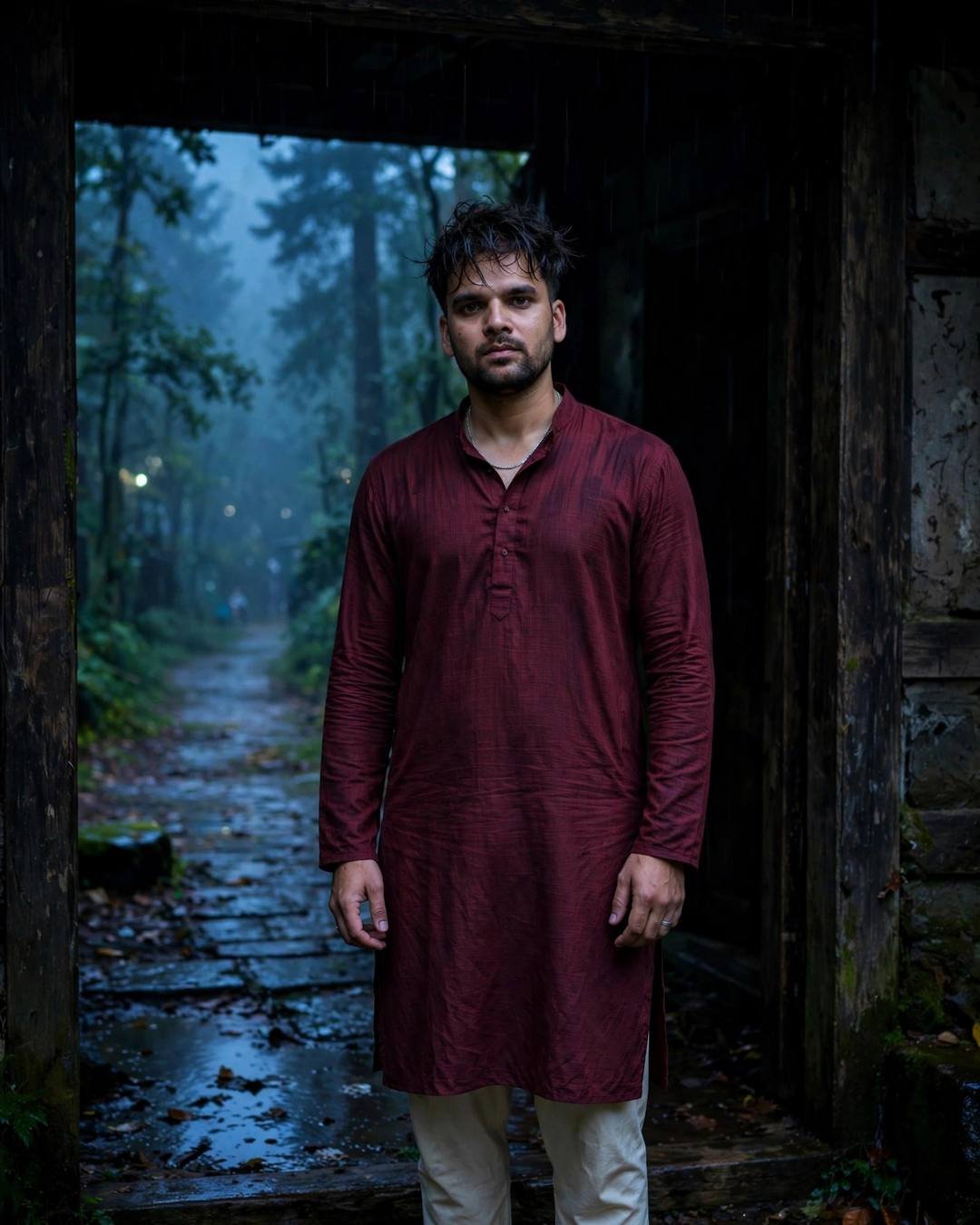 A man in a maroon kurta standing in a dark doorway on a misty forest path at night, looking directly at the camera