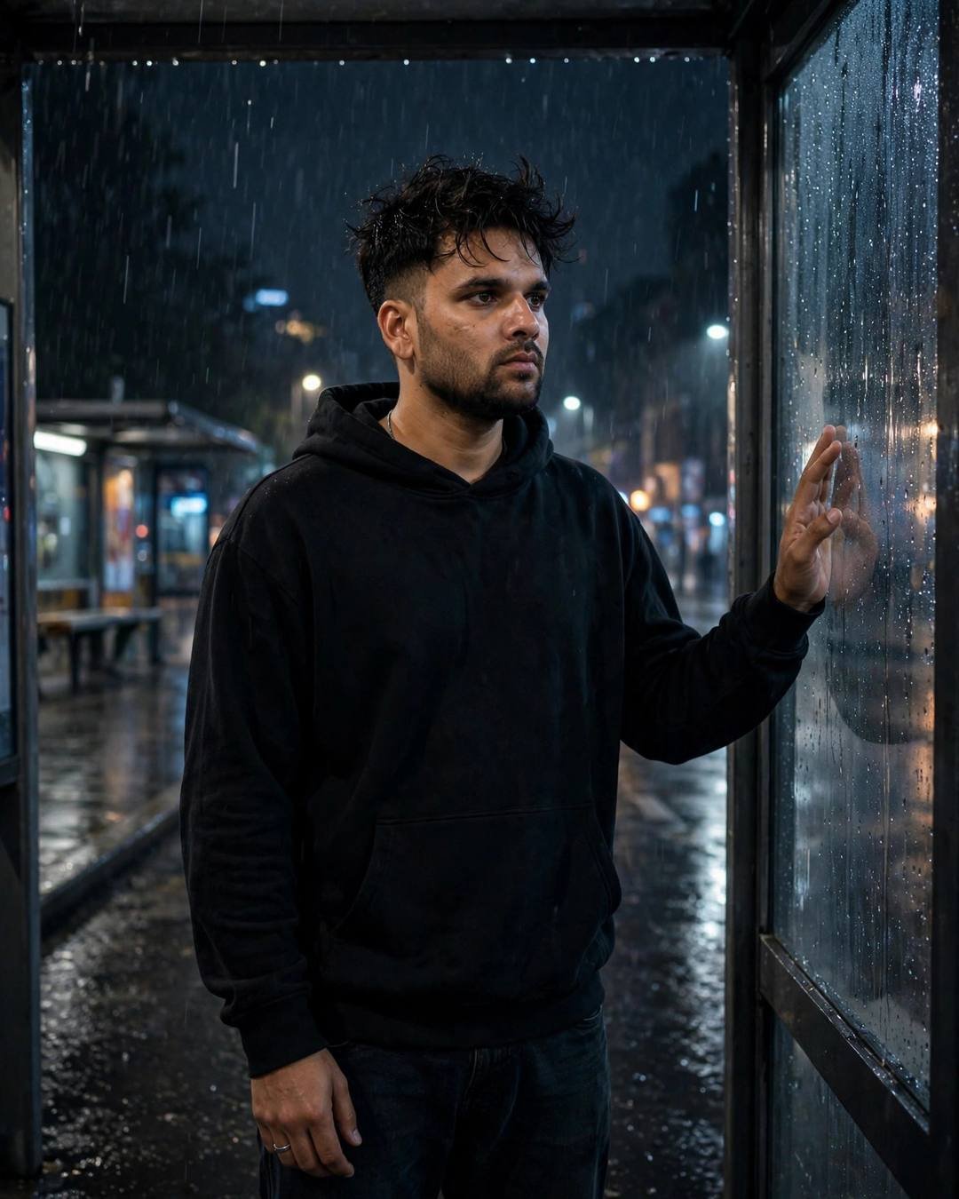 Young Indian man in a black hoodie pressing his hand against a rain-streaked glass panel at a night bus stop
