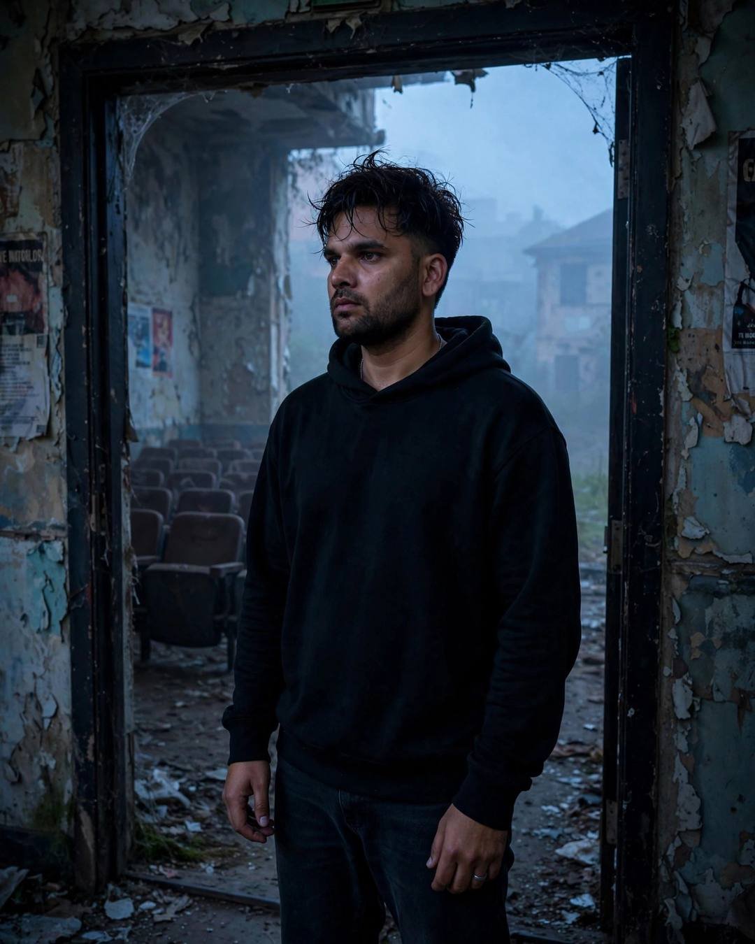 Young Indian man in a black hoodie standing in the doorway of an abandoned cinema hall wrapped in fog