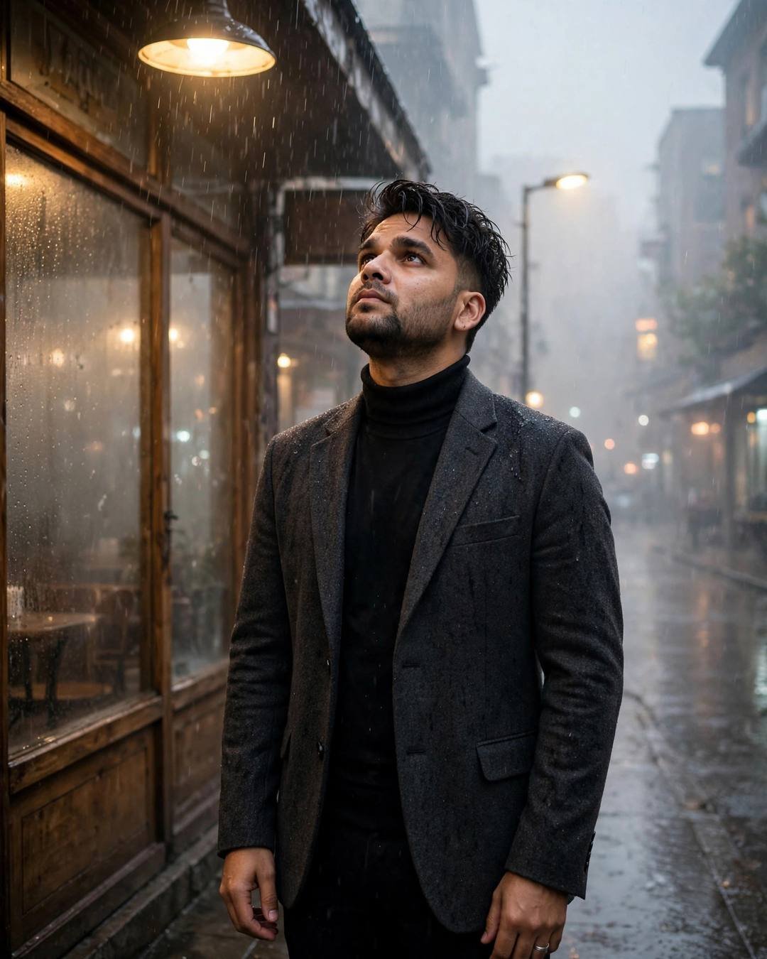 Young Indian man in charcoal blazer and black turtleneck standing under a streetlamp in rain at dawn, face lifted skyward