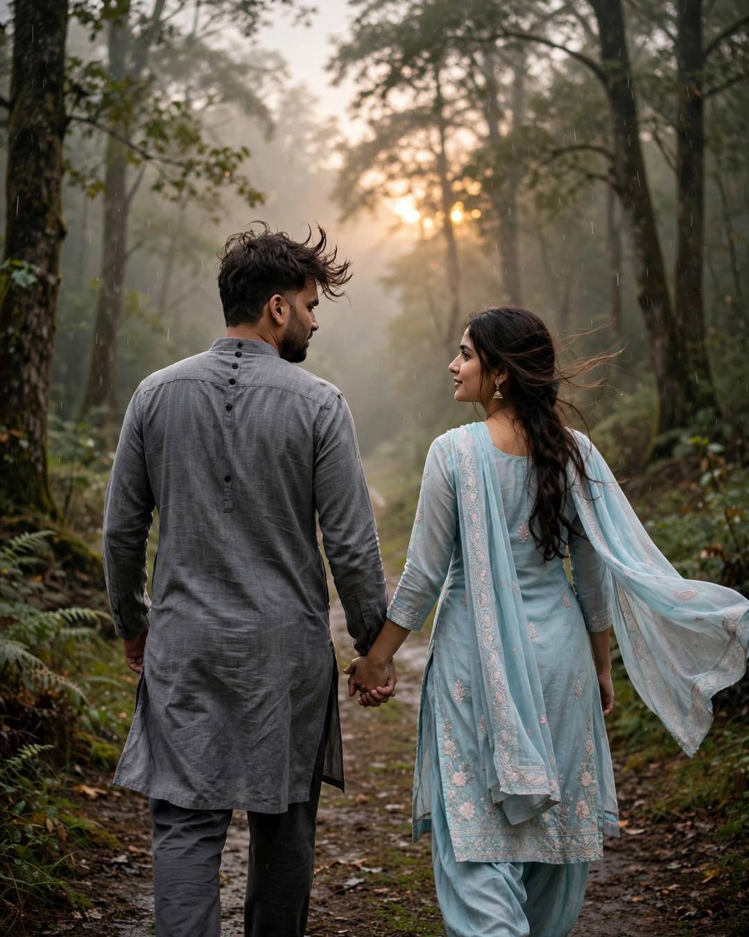Couple in traditional wear walking hand in hand away down a misty forest path in drizzle with golden backlight