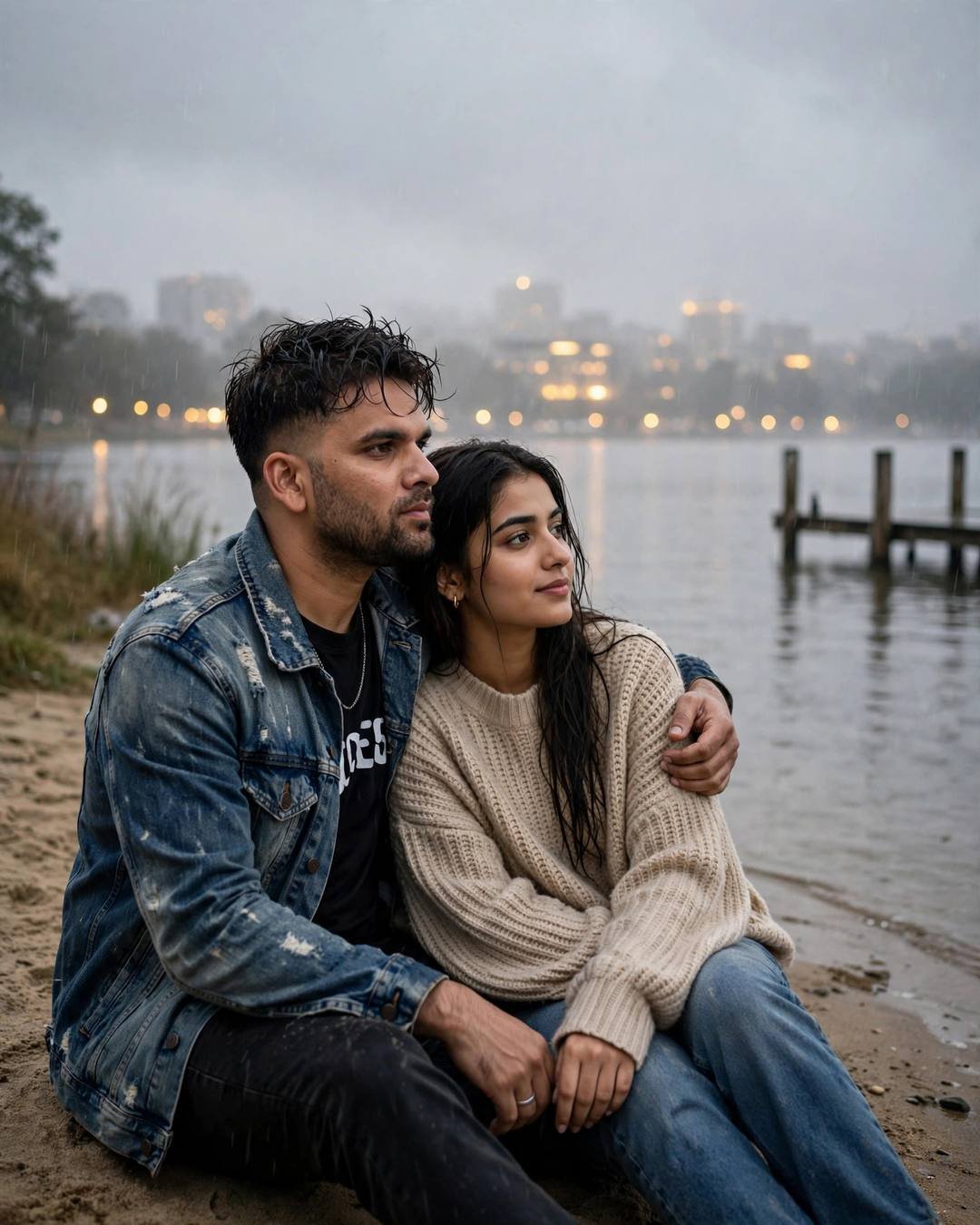 Couple sitting close on a lakeshore at dusk, man's arm around woman, city lights reflecting on water