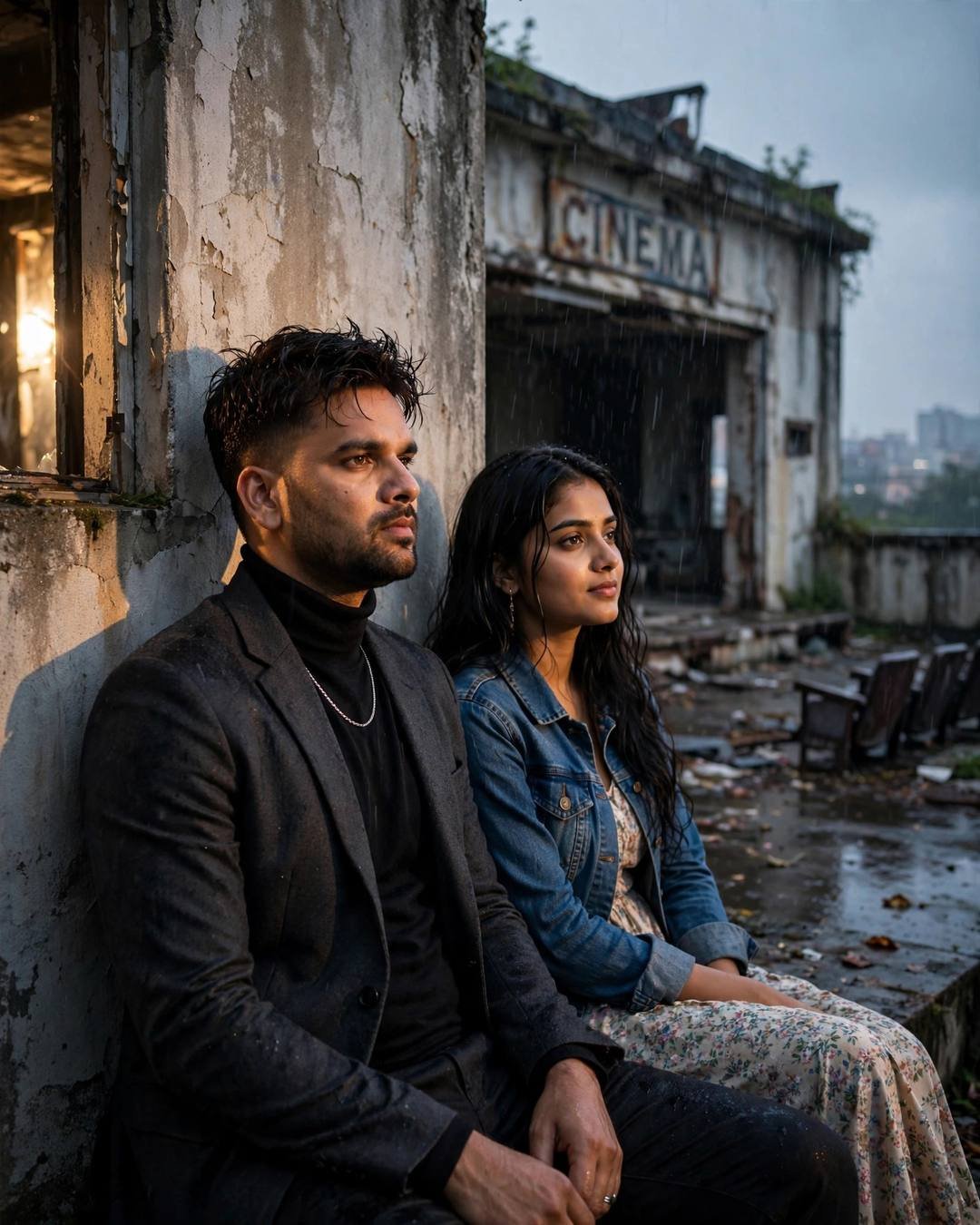 Couple sitting shoulder to shoulder at an abandoned cinema hall in light rain, dramatic side light