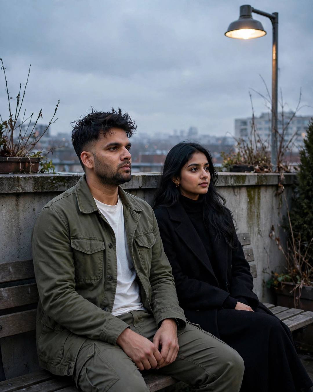 Couple sitting on a rooftop bench under a streetlamp at night, looking in different directions