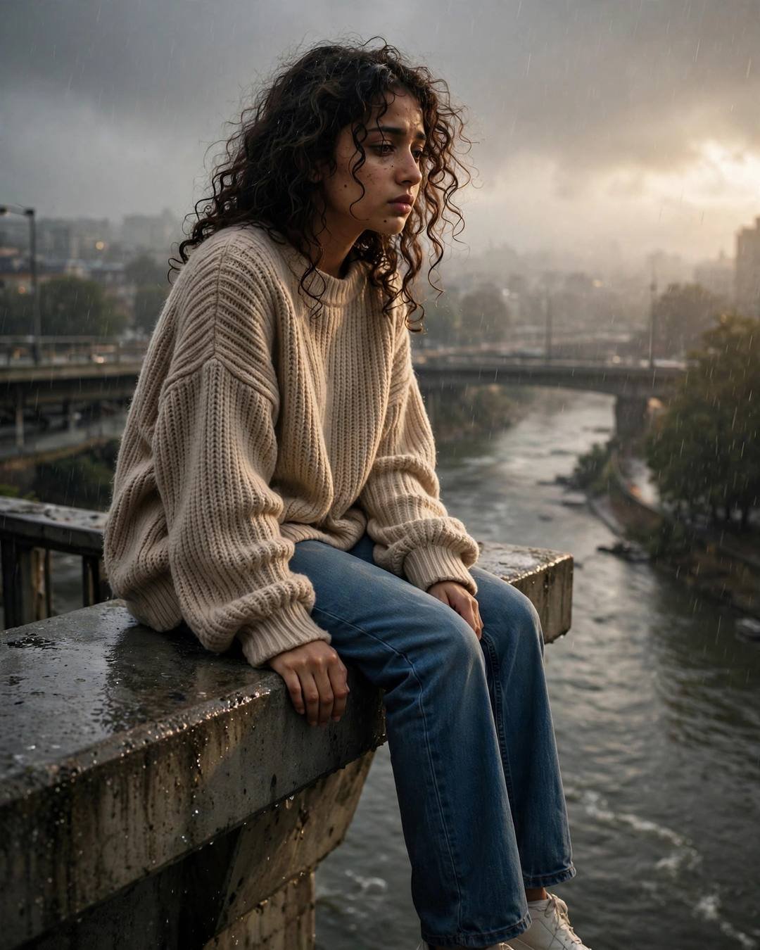 Young Indian woman with curly hair in a beige sweater sitting on a bridge ledge over a slow river in drizzle