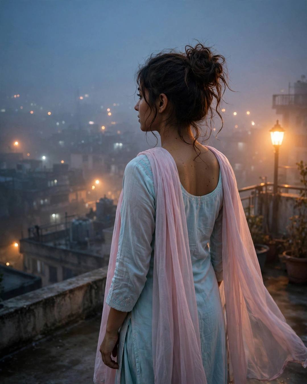 Young Indian woman in pastel salwar-kameez with pink dupatta on a rooftop at night, looking over her shoulder at foggy city lights