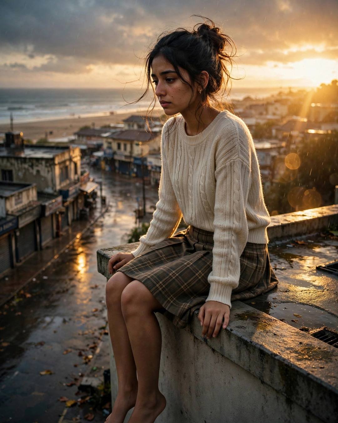 Young Indian woman in cream knit top and plaid skirt sitting on a rooftop ledge at golden hour above a deserted beach
