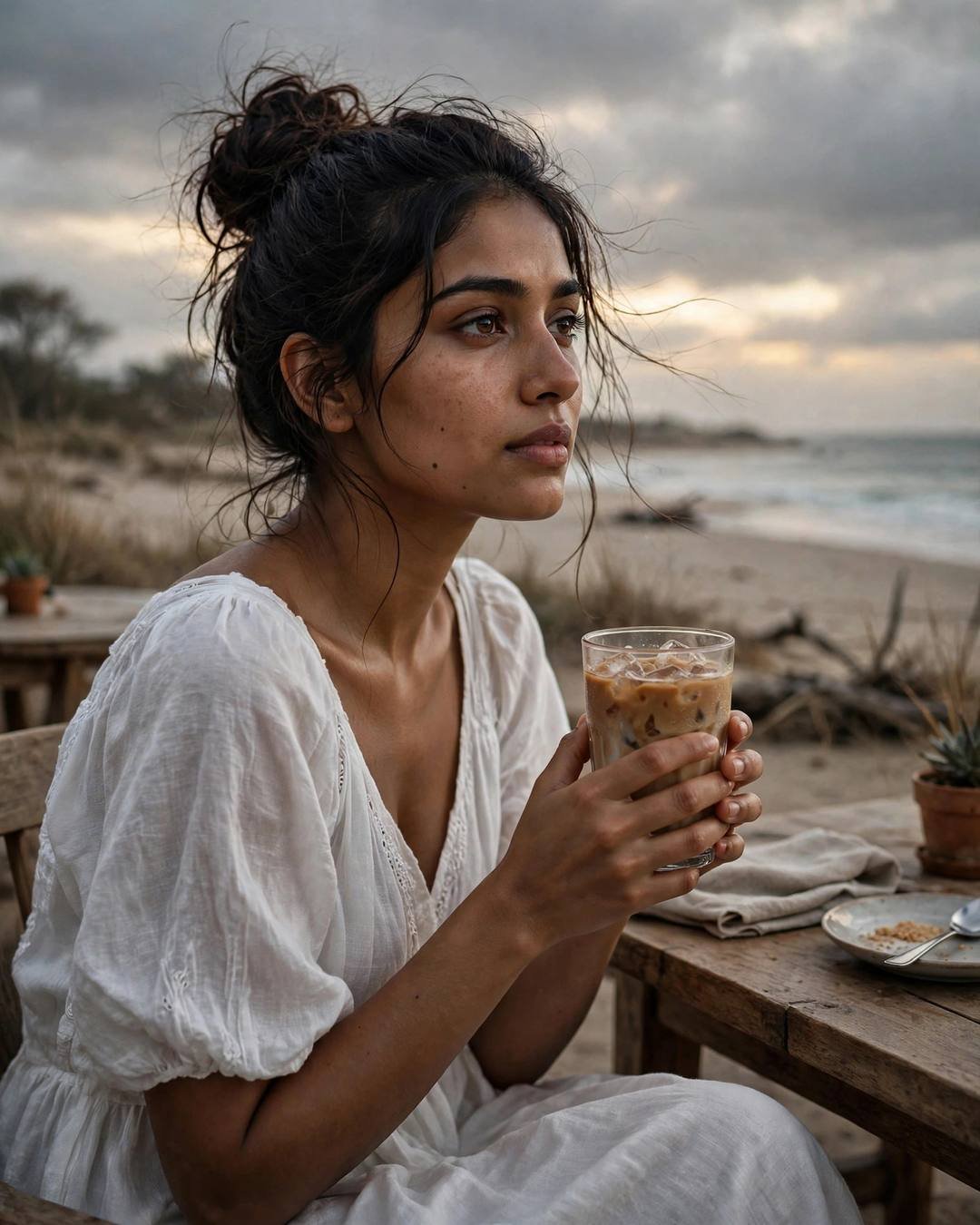 Young Indian woman in a white summer dress holding an iced coffee at a beachside café table at dusk, lost in thought