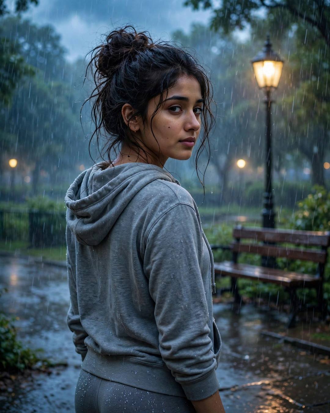 Young Indian woman in a grey hoodie in heavy monsoon rain looking over her shoulder, park bench and lamp behind