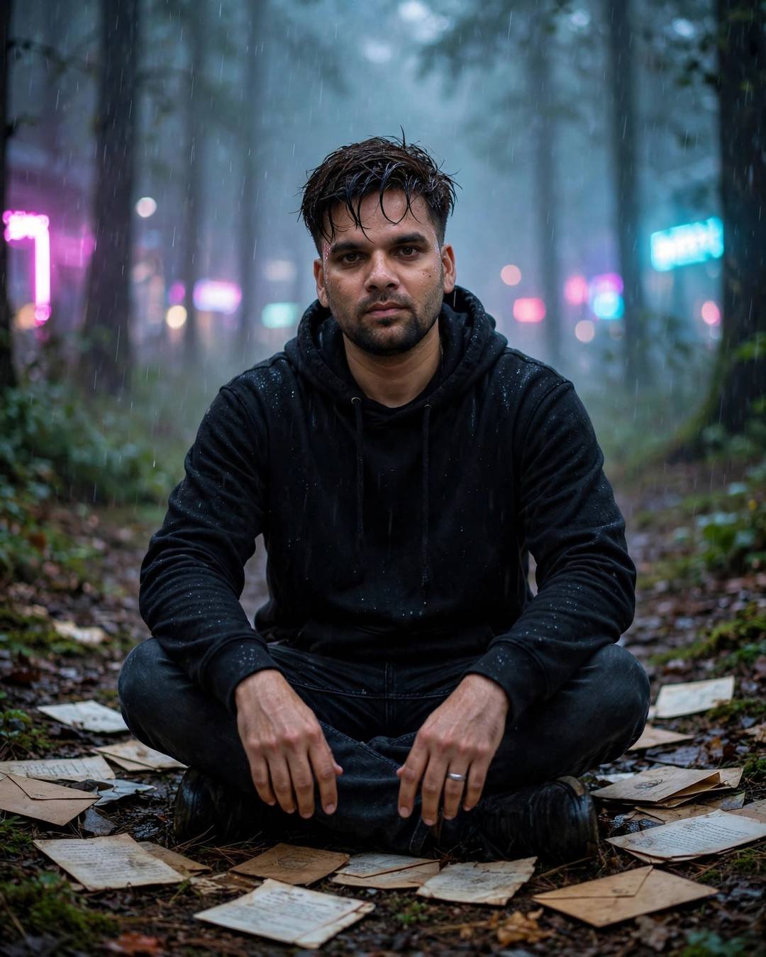 Folding his umbrella as the drizzle begins, — AI-generated photorealistic portrait in the Street Cinematic mood