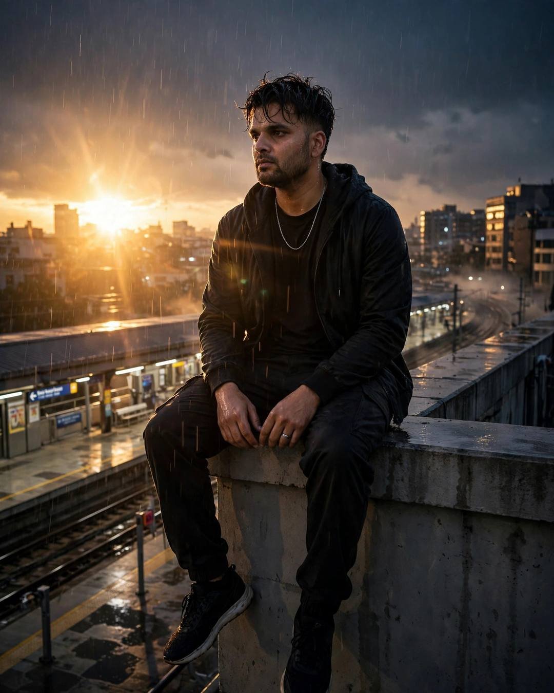 Jumping a puddle as headlights flare dramatically — AI-generated photorealistic portrait in the Street Cinematic mood