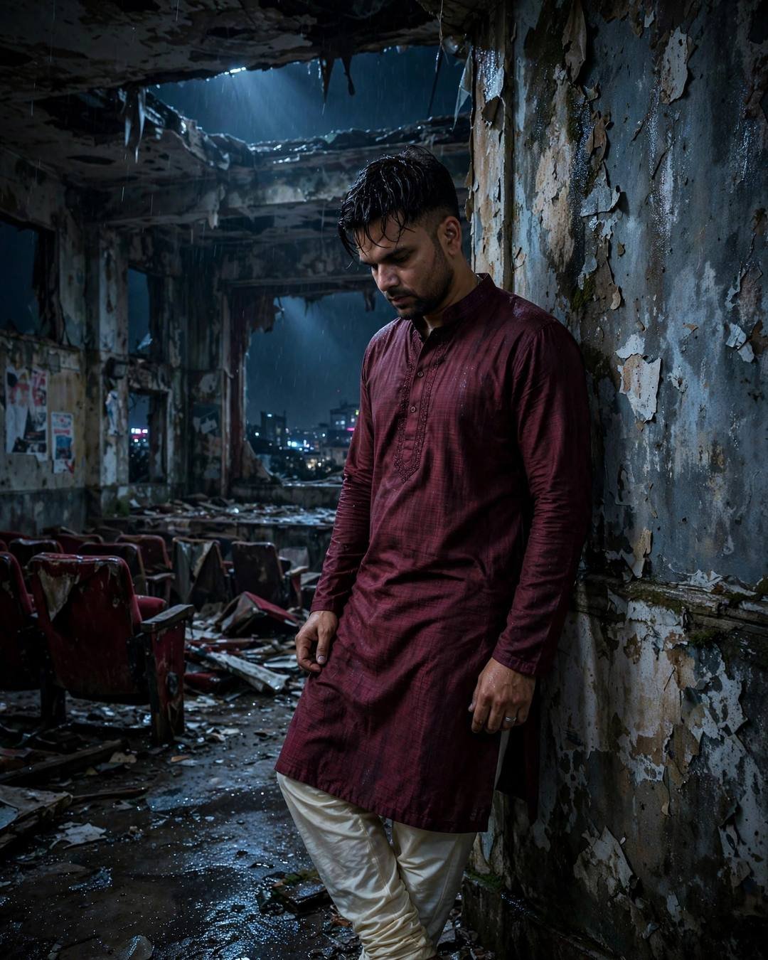 His jacket catching the night wind beside — AI-generated photorealistic portrait in the Street Cinematic mood