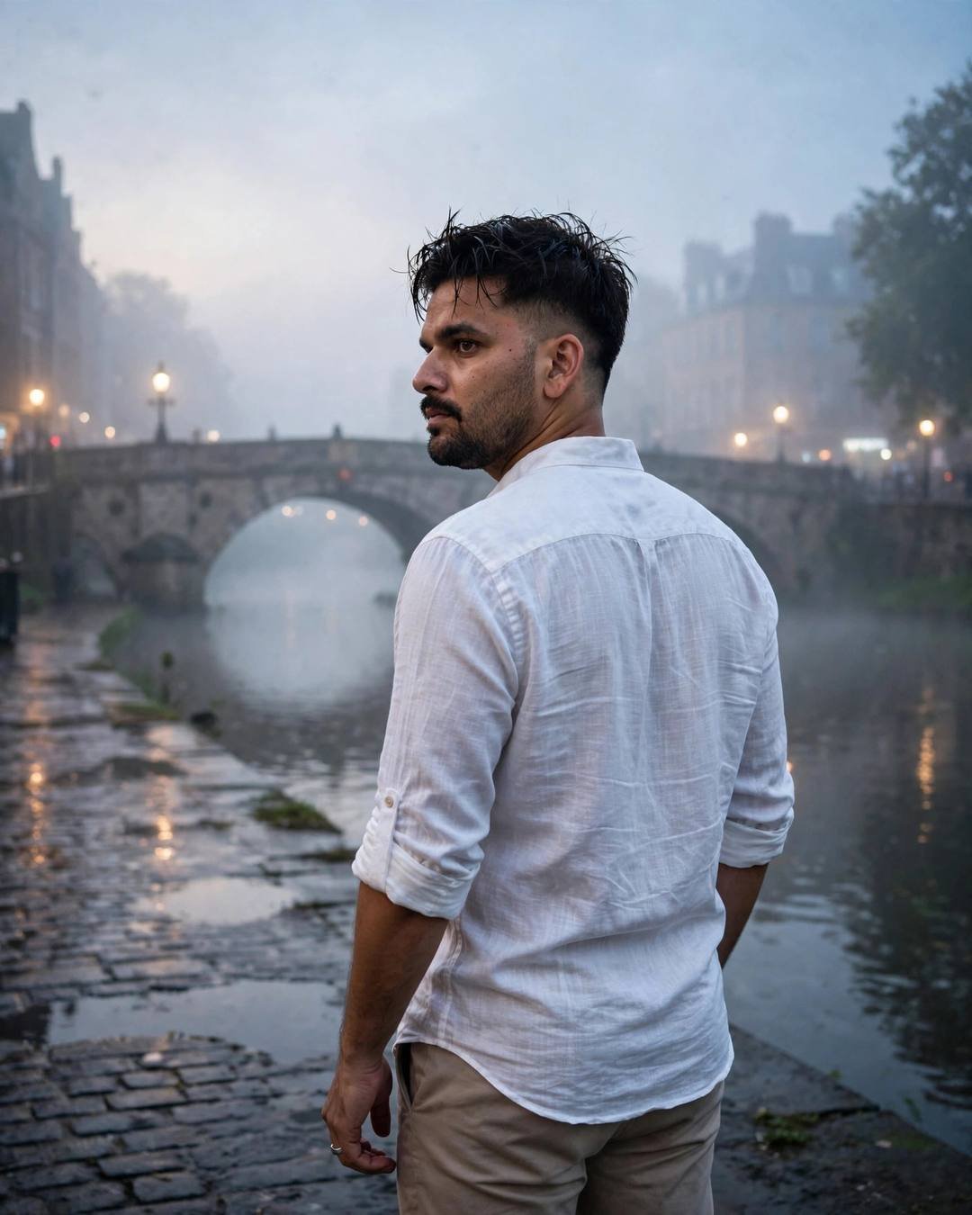 Leaning on a graffitied shutter, rain falling — AI-generated photorealistic portrait in the Street Cinematic mood
