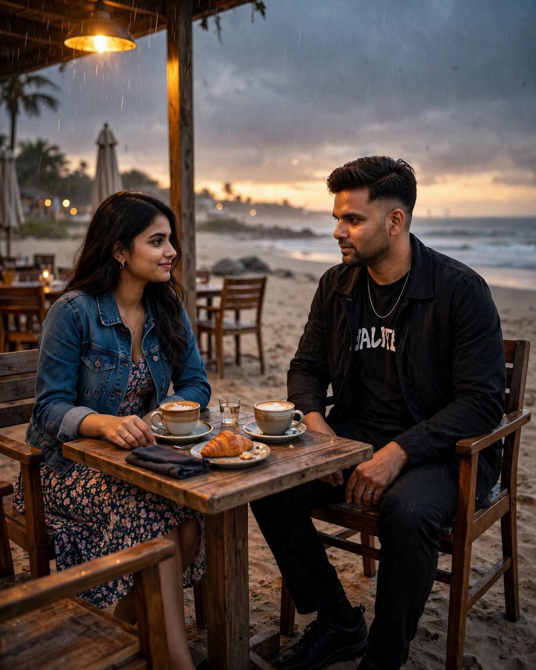 Young Indian couple at a small table with coffees at a beach cafe at dusk, he in black streetwear, she in a denim jacket over a floral dress