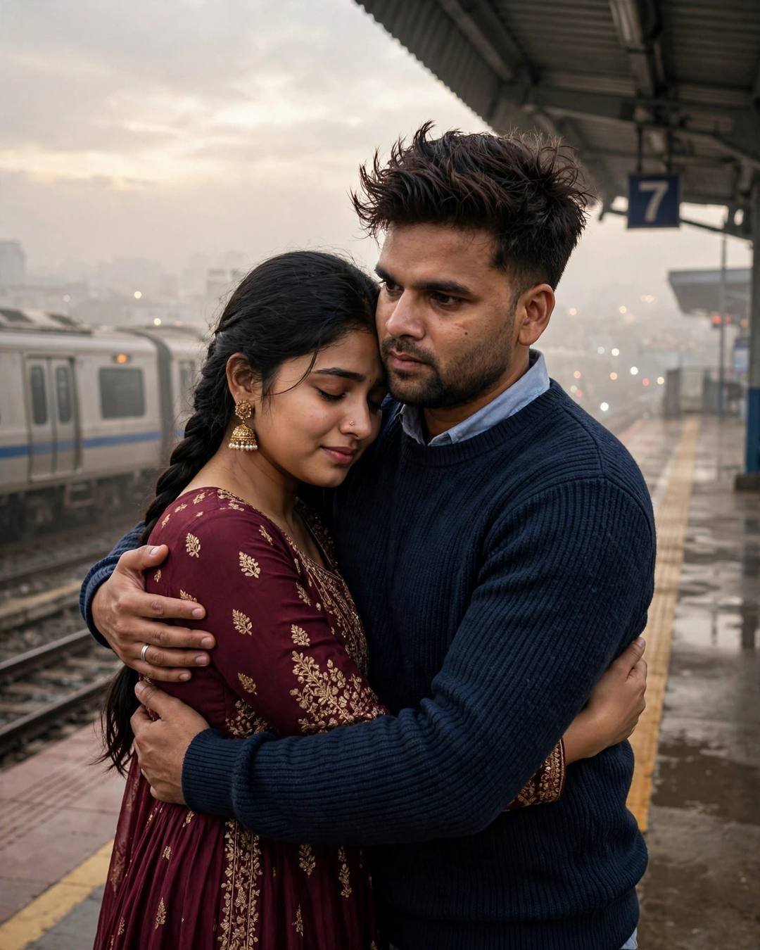 Young Indian couple embracing on a fog-damp railway platform at dawn, he in a navy sweater, she in a maroon anarkali, train waiting behind
