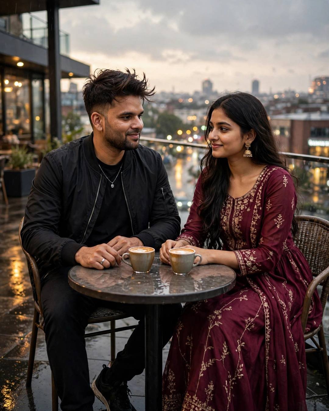 Young Indian couple at a rooftop cafe table with coffees above a rain-wet city at golden hour, he in a black bomber, she in a maroon anarkali