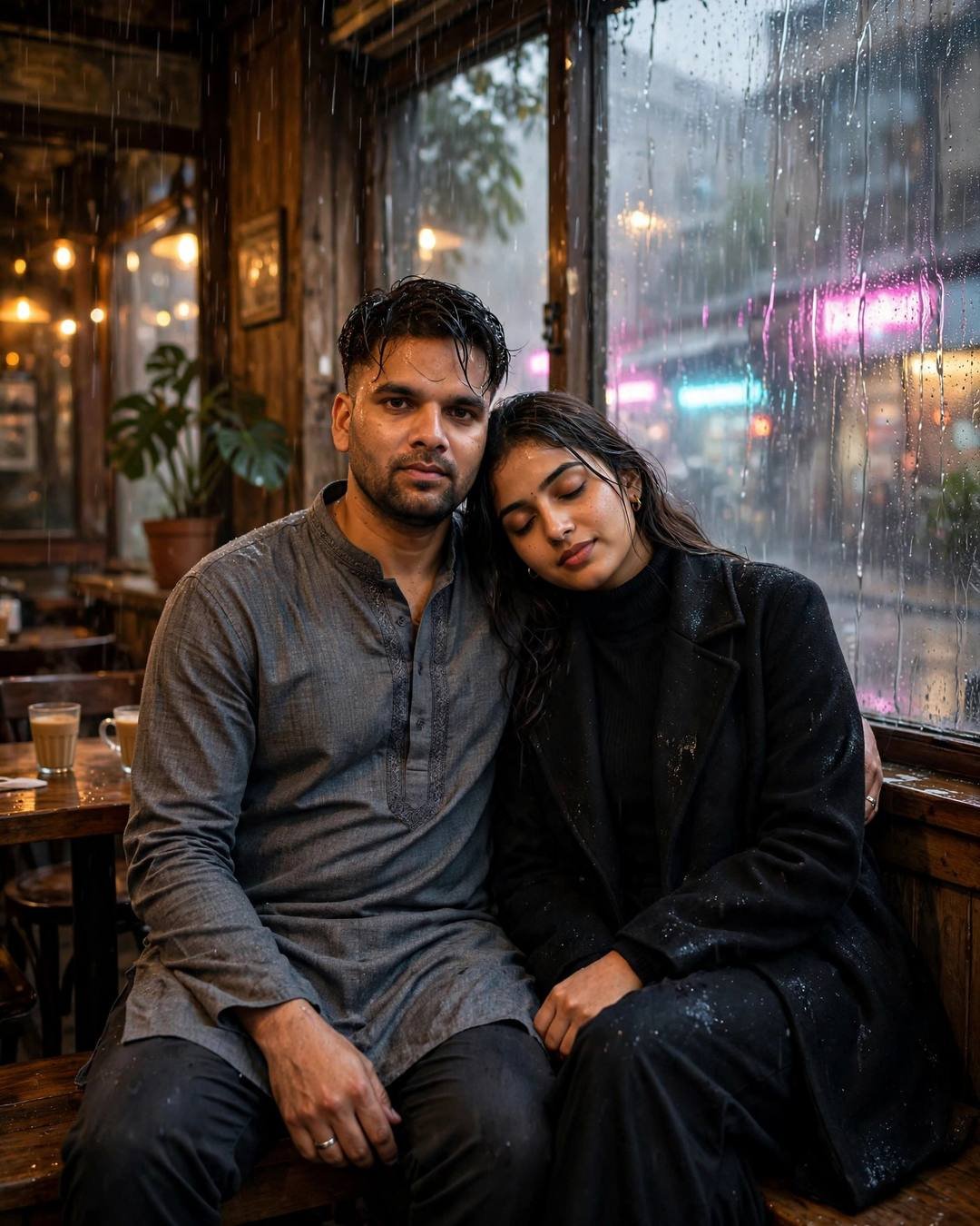 Young Indian couple sitting close on a cafe bench by a rain-fogged window, her head on his shoulder, neon pink and cyan outside