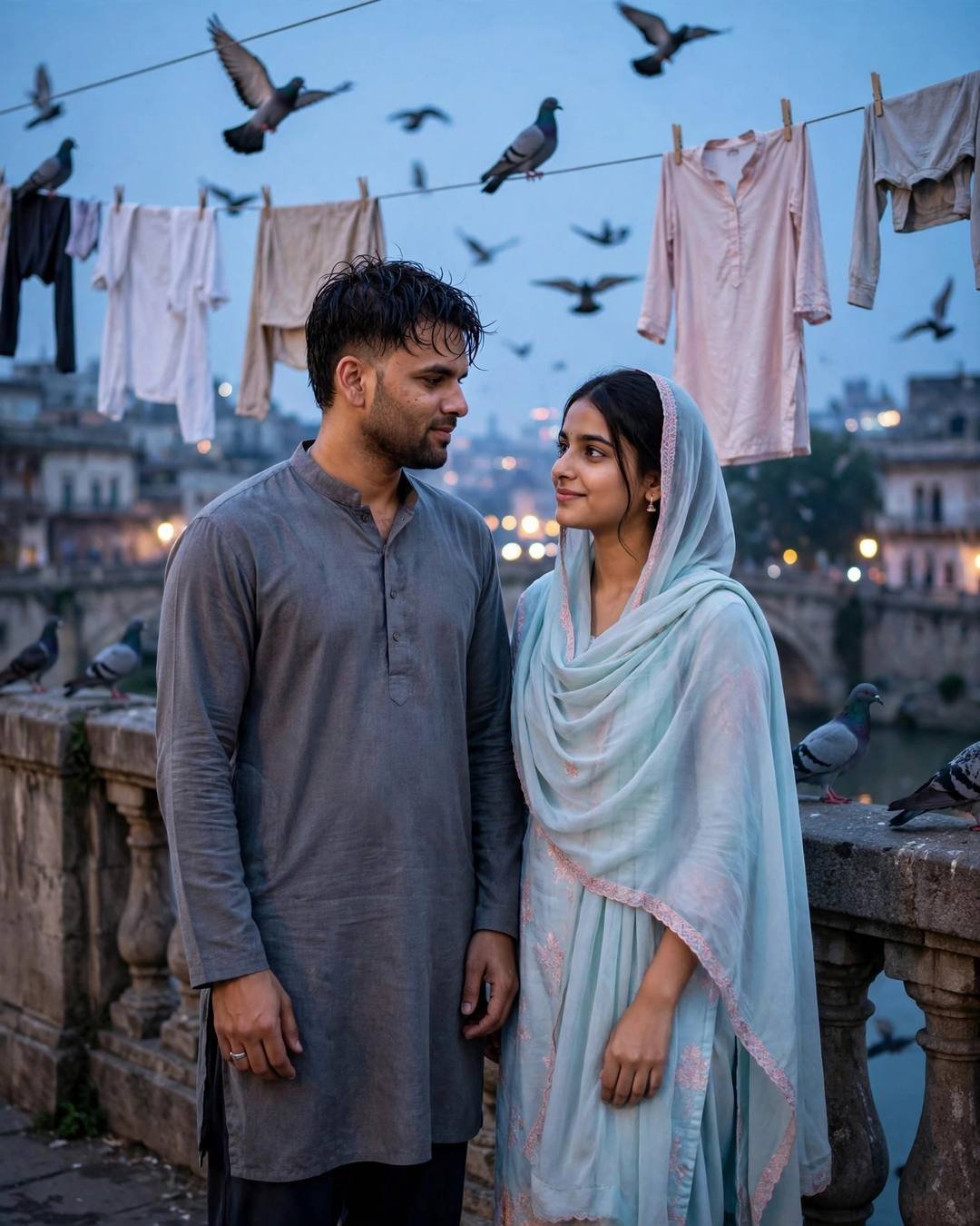 Dhol beats rising as they join a — AI-generated photorealistic portrait in the Traditional Couple mood