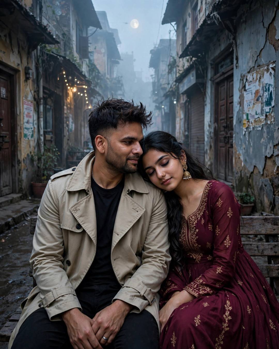 Young couple sitting close on a bench in a foggy old-city lane, woman's head on man's shoulder, moonlit mist