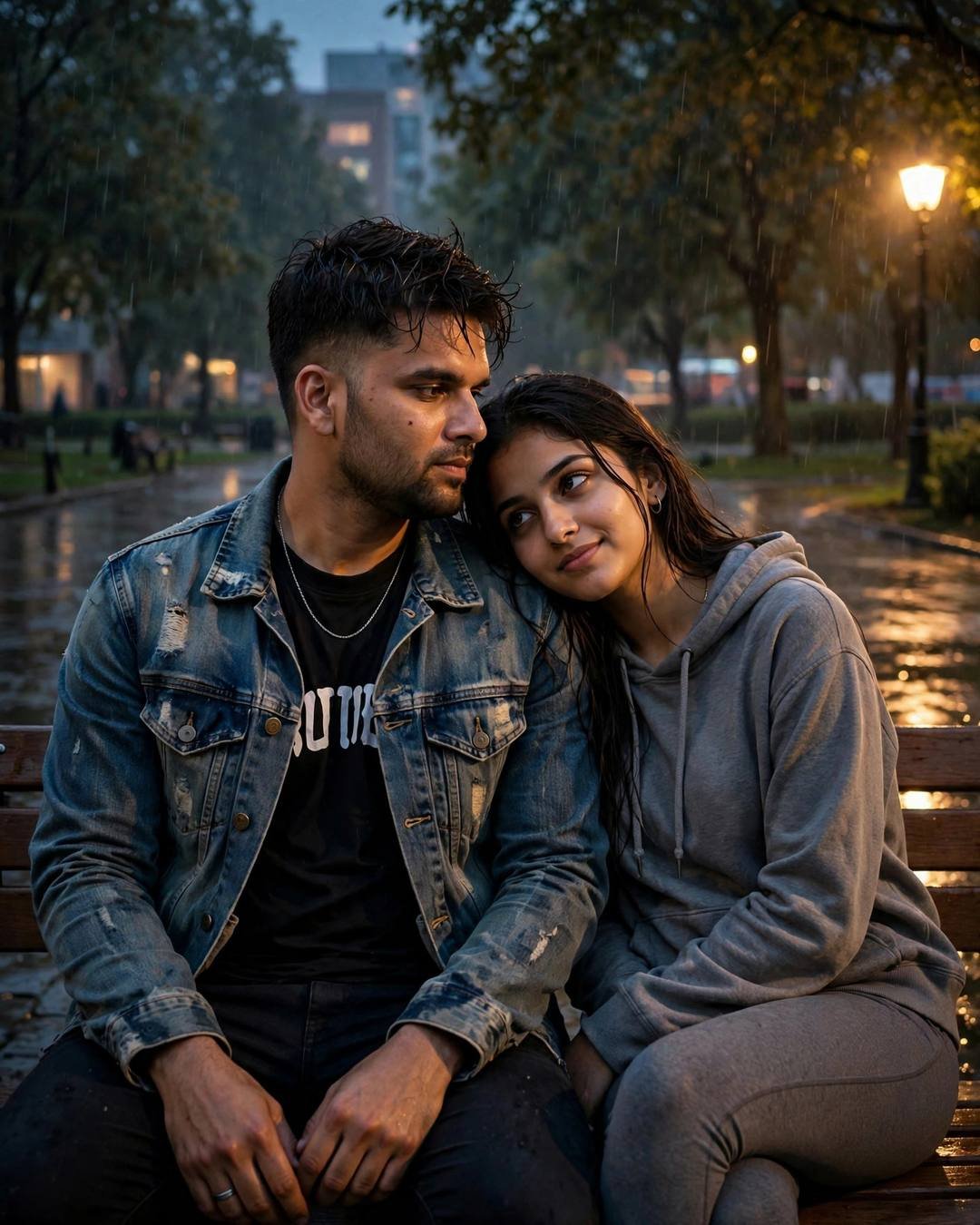 Young couple on a rainy park bench under a lamp, woman's head on man's shoulder, denim jacket and grey hoodie