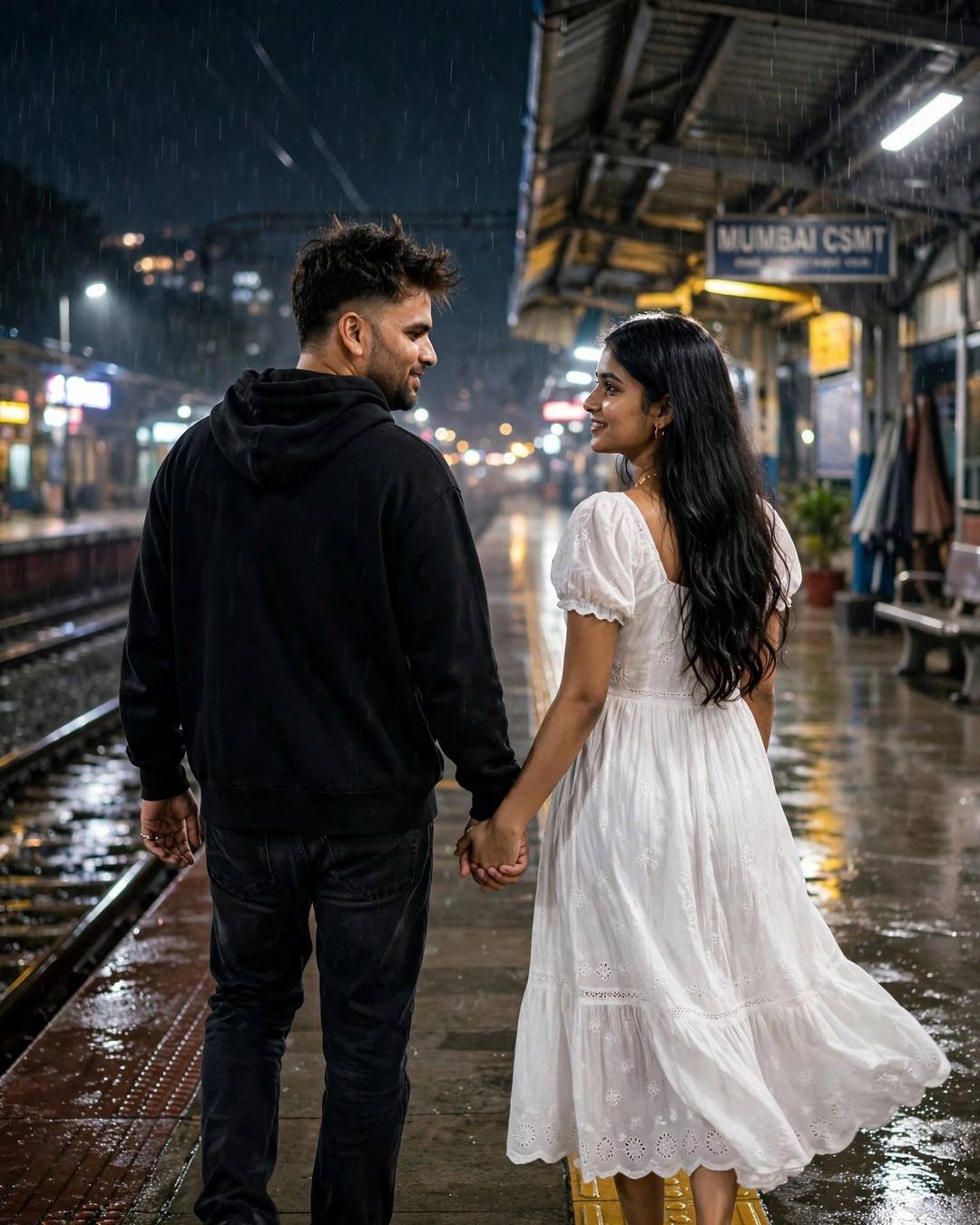 Couple walking hand in hand away along a rainy Mumbai CSMT platform at night, man in black hoodie, woman in white dress