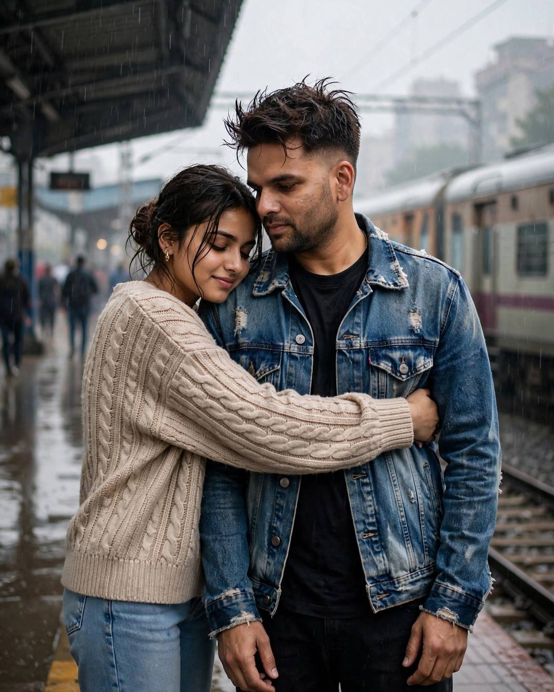 Couple embracing on a rainy railway platform, man in denim jacket, woman in beige sweater, train waiting behind