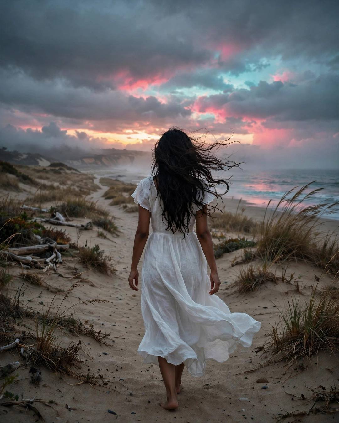 A young Indian woman in a flowing white dress walking away down a deserted beach path at dusk, long hair flying in the breeze, a storm-pink sunset sky above.