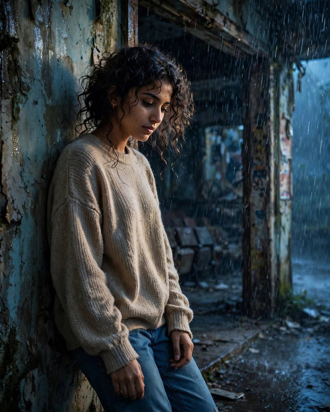 A young Indian woman in an oversized beige sweater and jeans leaning against a weathered peeling wall at an abandoned cinema in heavy rain, head bowed, blue-hour light.