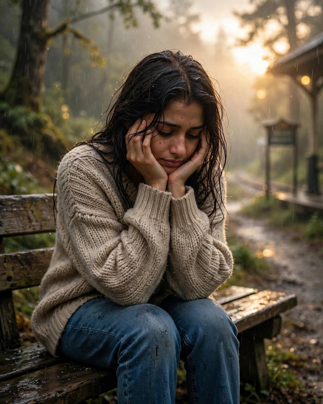 Young Indian woman in beige sweater and jeans sitting on a rainy forest bench, head in hands, golden light flaring through mist