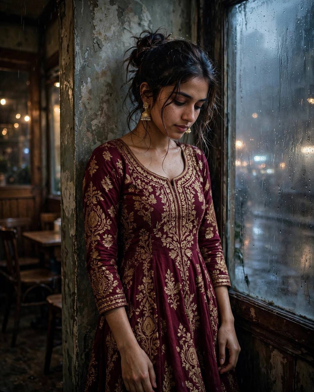 Young Indian woman in maroon embroidered anarkali with jhumkas leaning against a weathered wall by a fogged cafe window at night