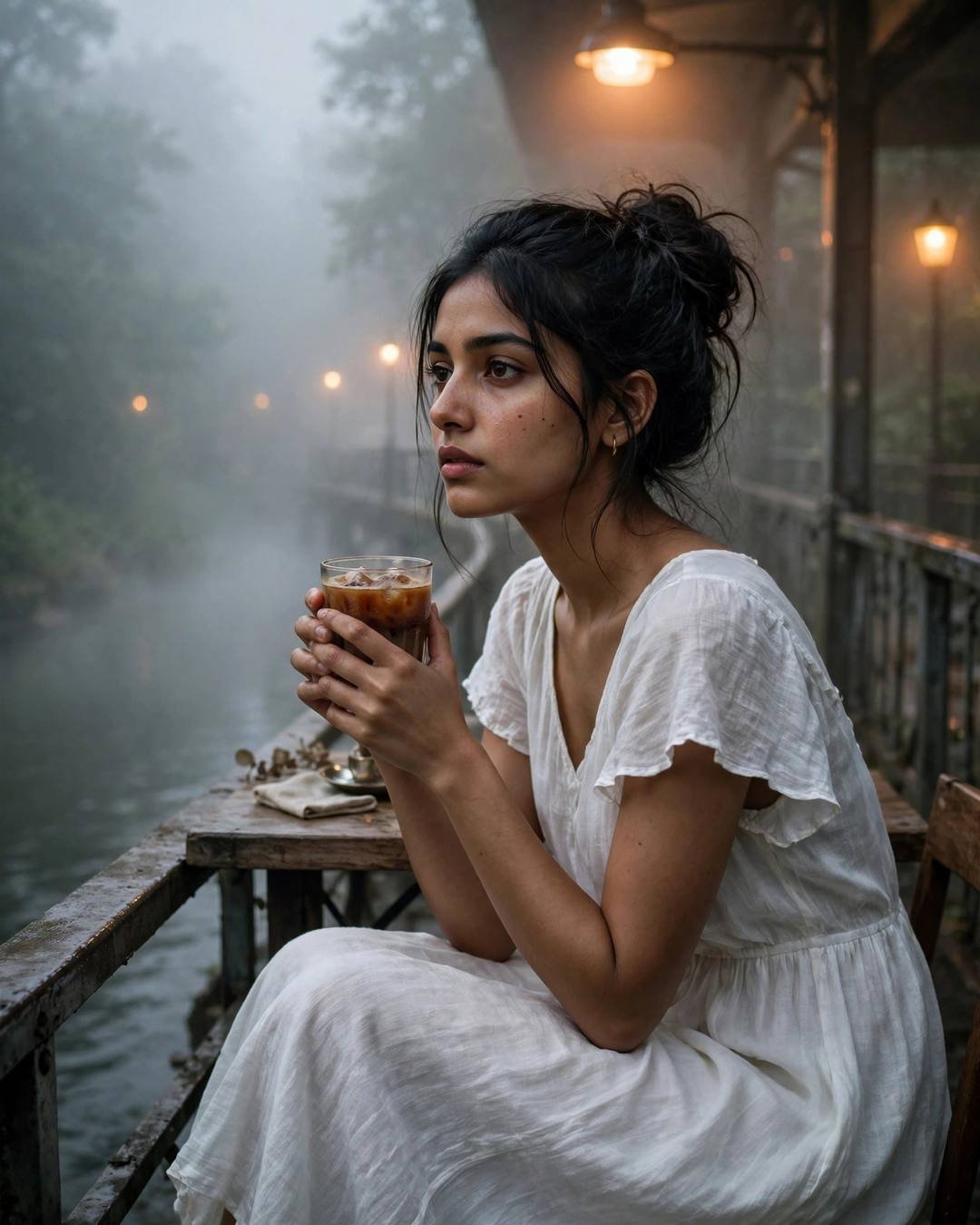 Young Indian woman in white summer dress cradling a cold coffee at a foggy riverside cafe table at dawn