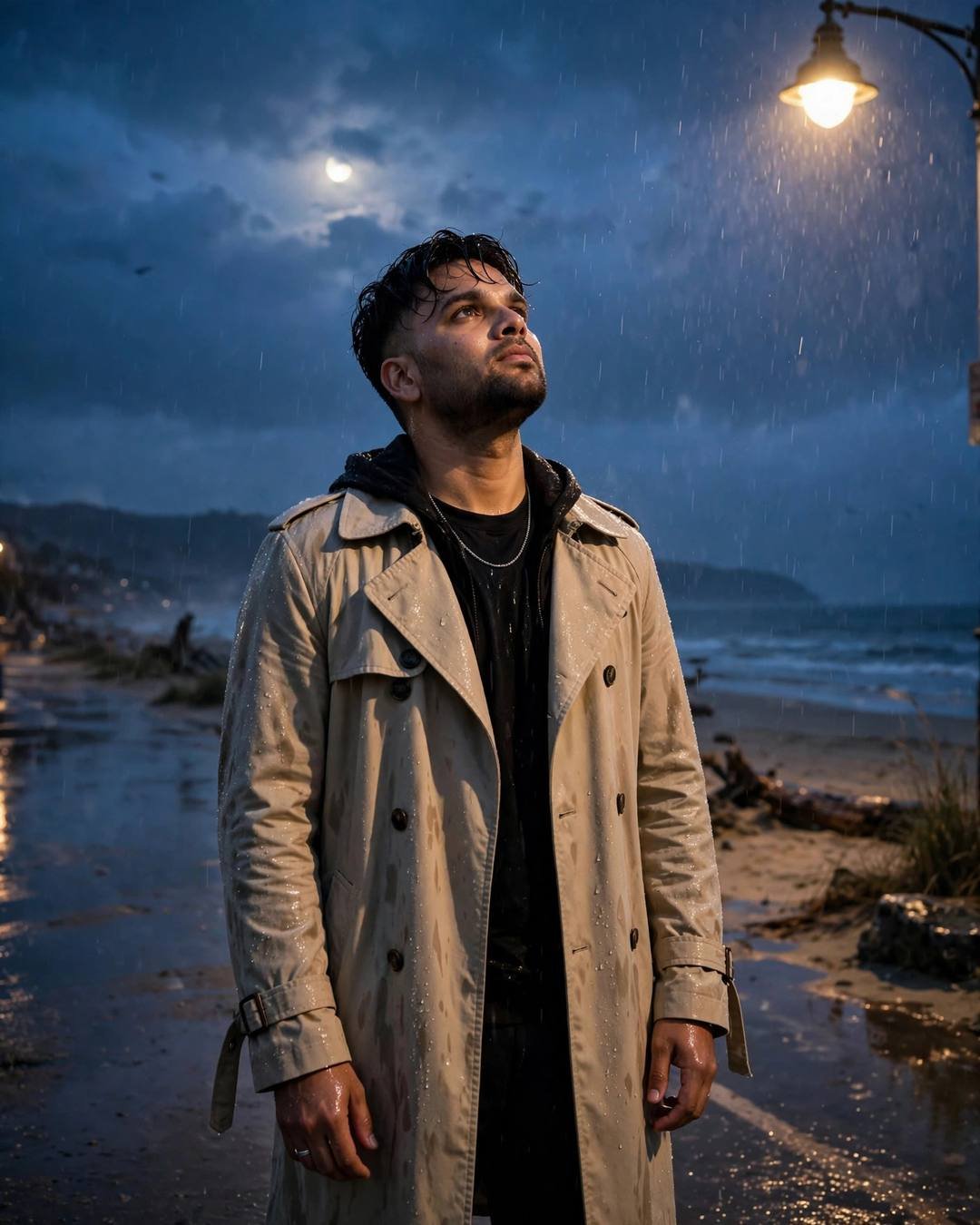 A lone man in a beige trench coat standing under a streetlamp in the rain at a deserted beach