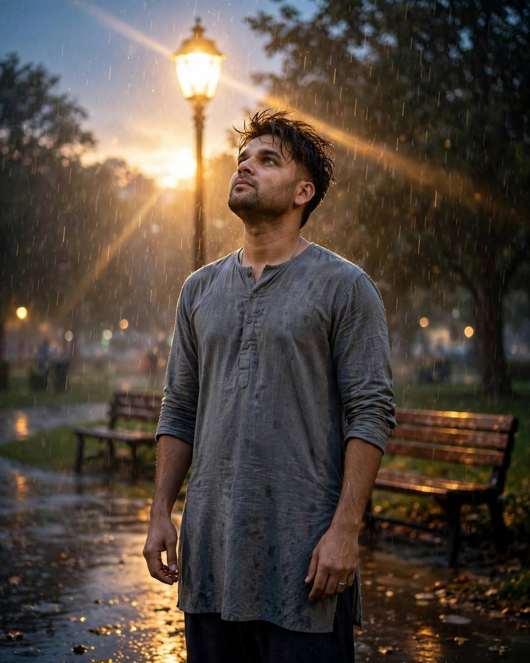 A man in a grey kurta walking through foggy tea gardens at dawn