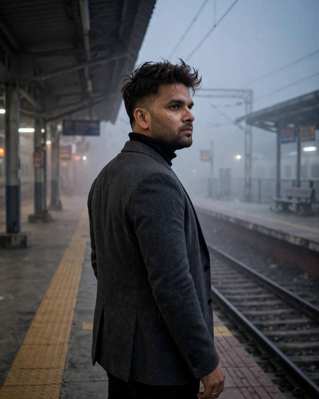 A man in a charcoal blazer feeding pigeons in an empty foggy courtyard