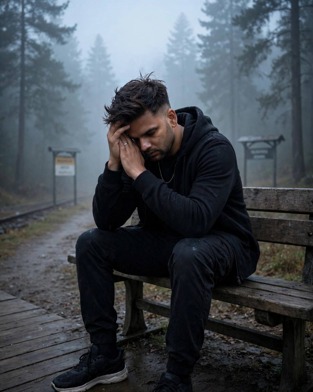 A man in black streetwear sitting head-in-hands on a misty station bench at dawn