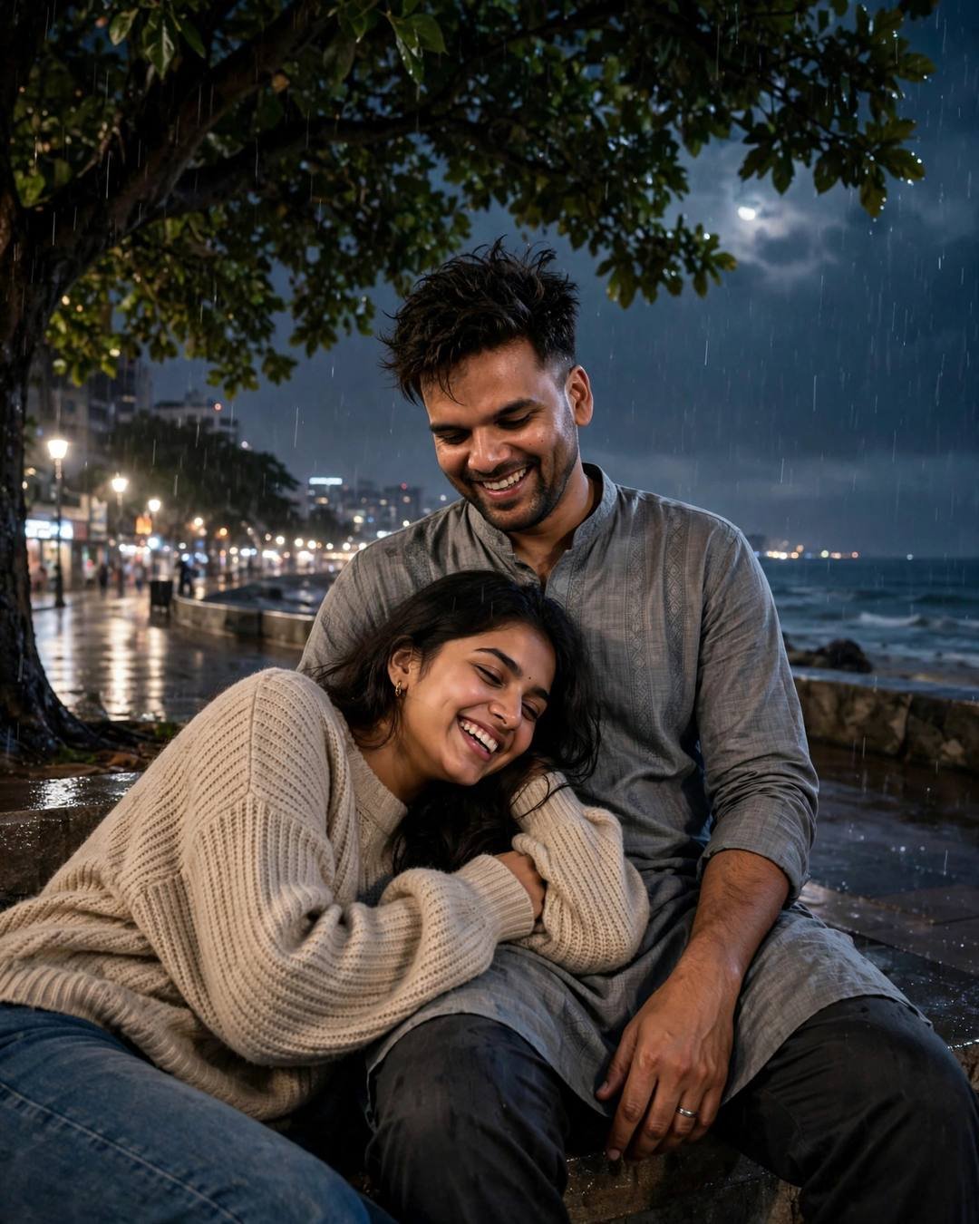 AI couple portrait of a man and woman laughing in midnight rain on a seaside promenade under moonlight