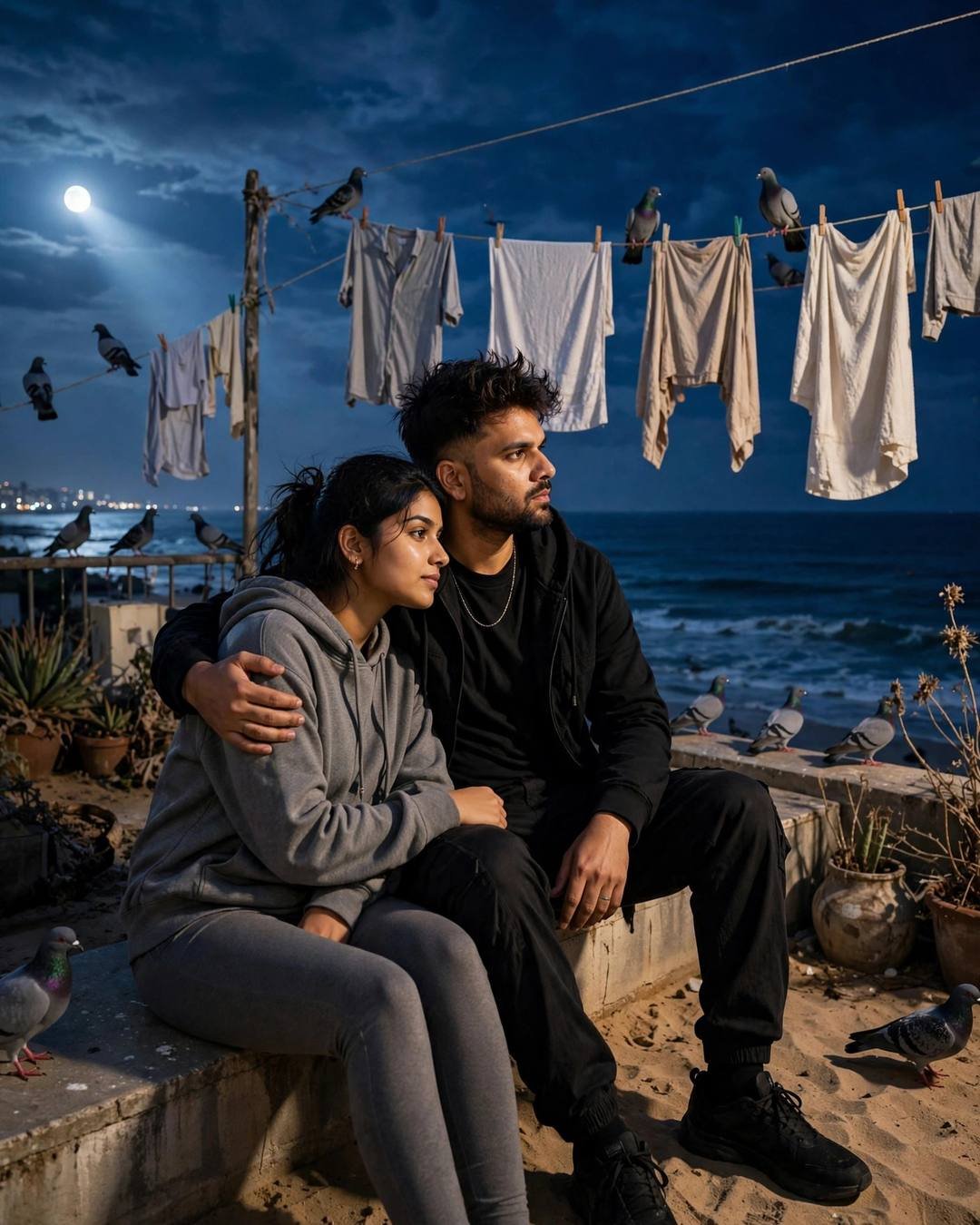 AI couple portrait of a man and woman sitting on a moonlit rooftop terrace with clotheslines and pigeons above the sea