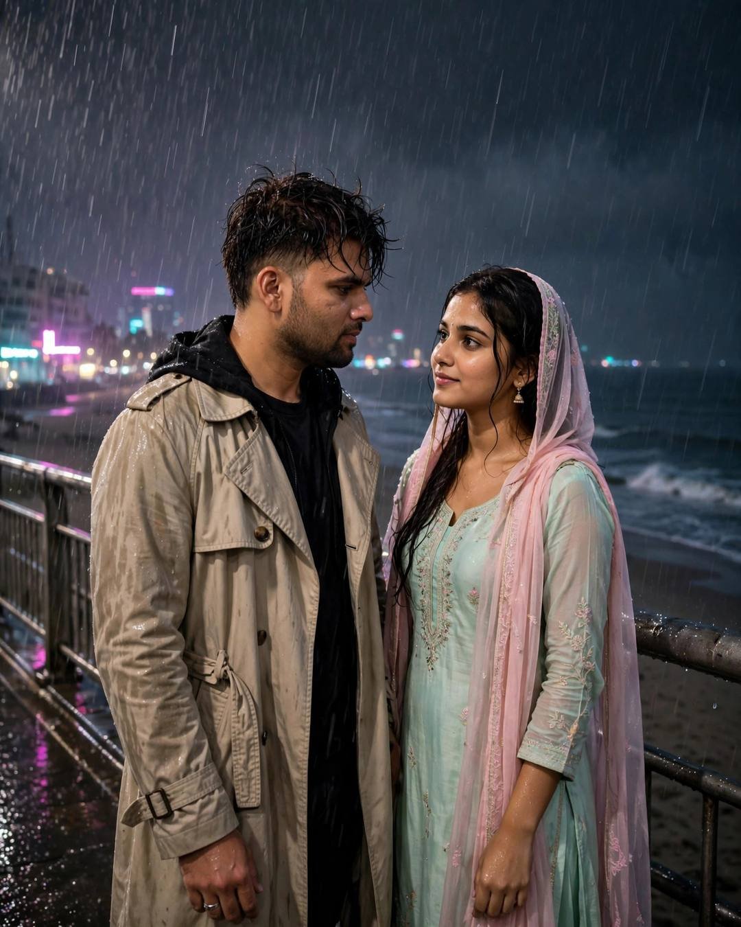 AI couple portrait of a man and woman standing face to face on a bridge in heavy monsoon rain with neon city lights behind