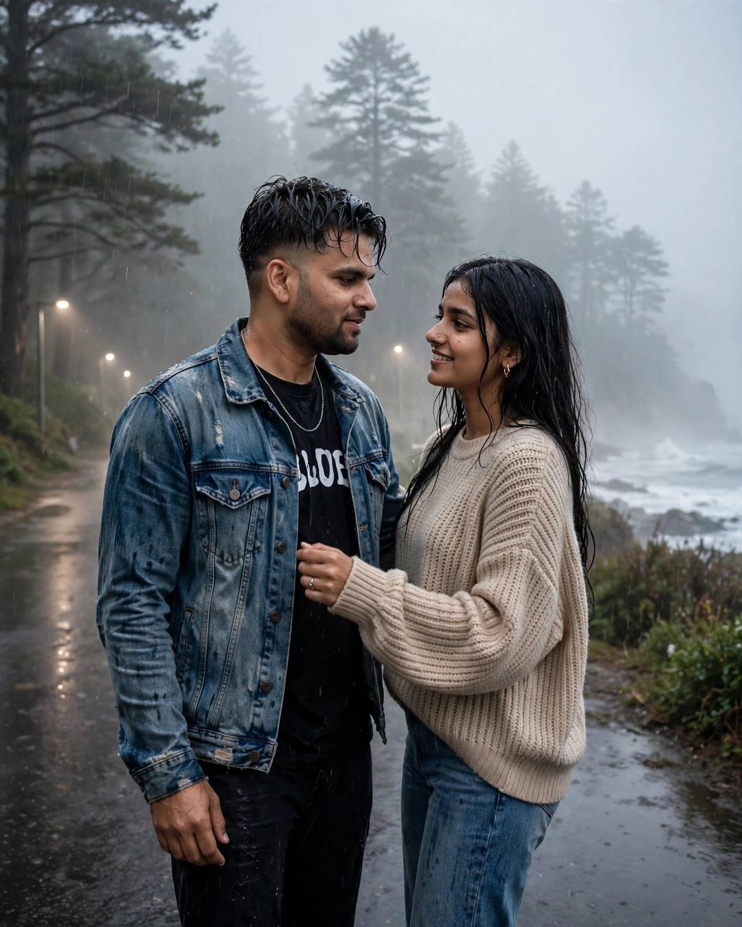AI couple portrait of a man and woman slow dancing on a misty forest road by the sea at dawn
