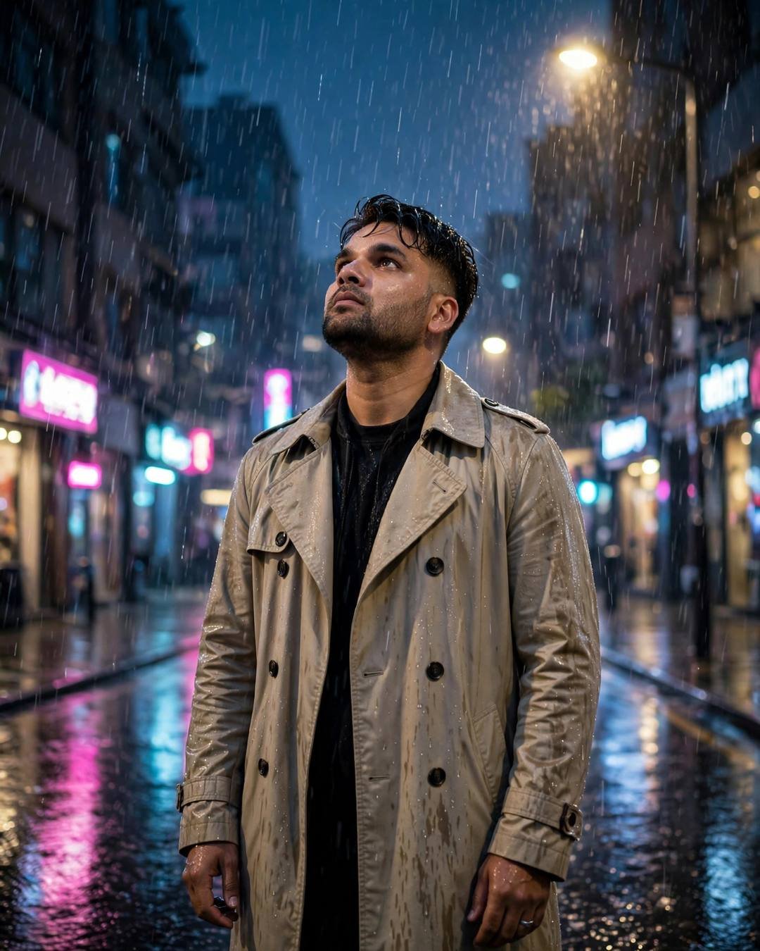 AI portrait of a young Indian man in a beige trench coat standing in heavy rain on a city street at night, pink and cyan neon signs glowing