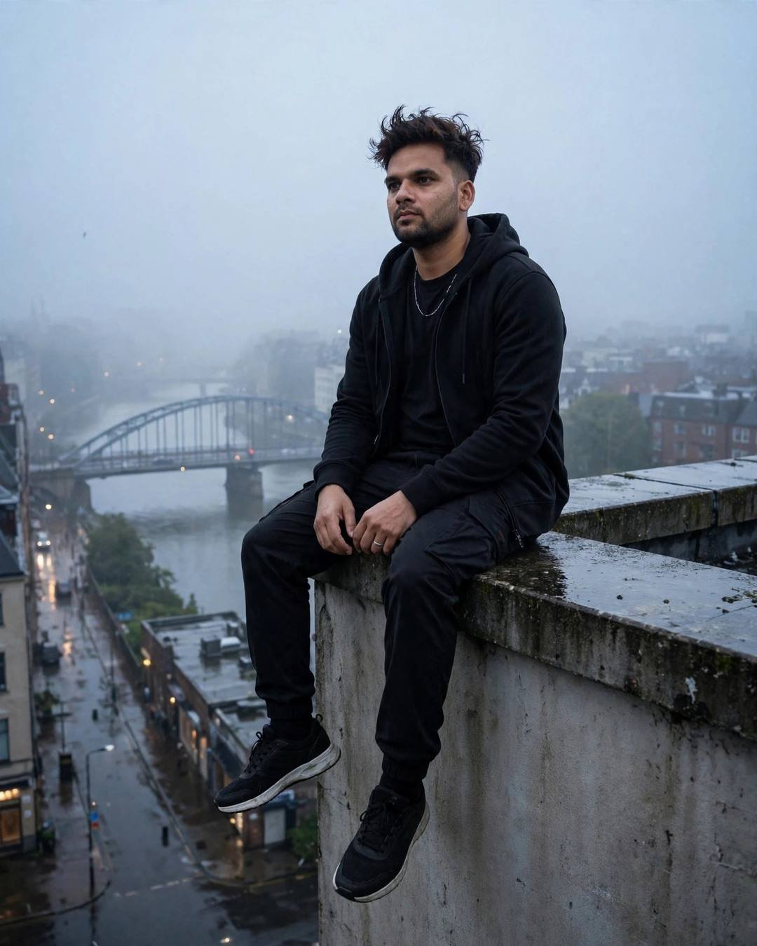 AI portrait of a young Indian man in all-black streetwear sitting on a rooftop ledge with legs dangling, foggy city and river bridge behind