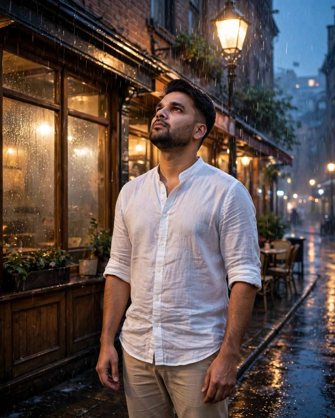 AI portrait of a young Indian man in a white linen shirt standing in the rain outside an old café at night, face tilted up, warm windows glowing