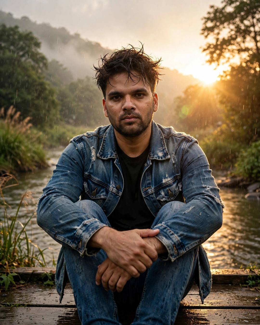 AI portrait of a young Indian man in a denim jacket sitting on a wooden bridge over a river at golden hour sunset, rain falling, lens flare