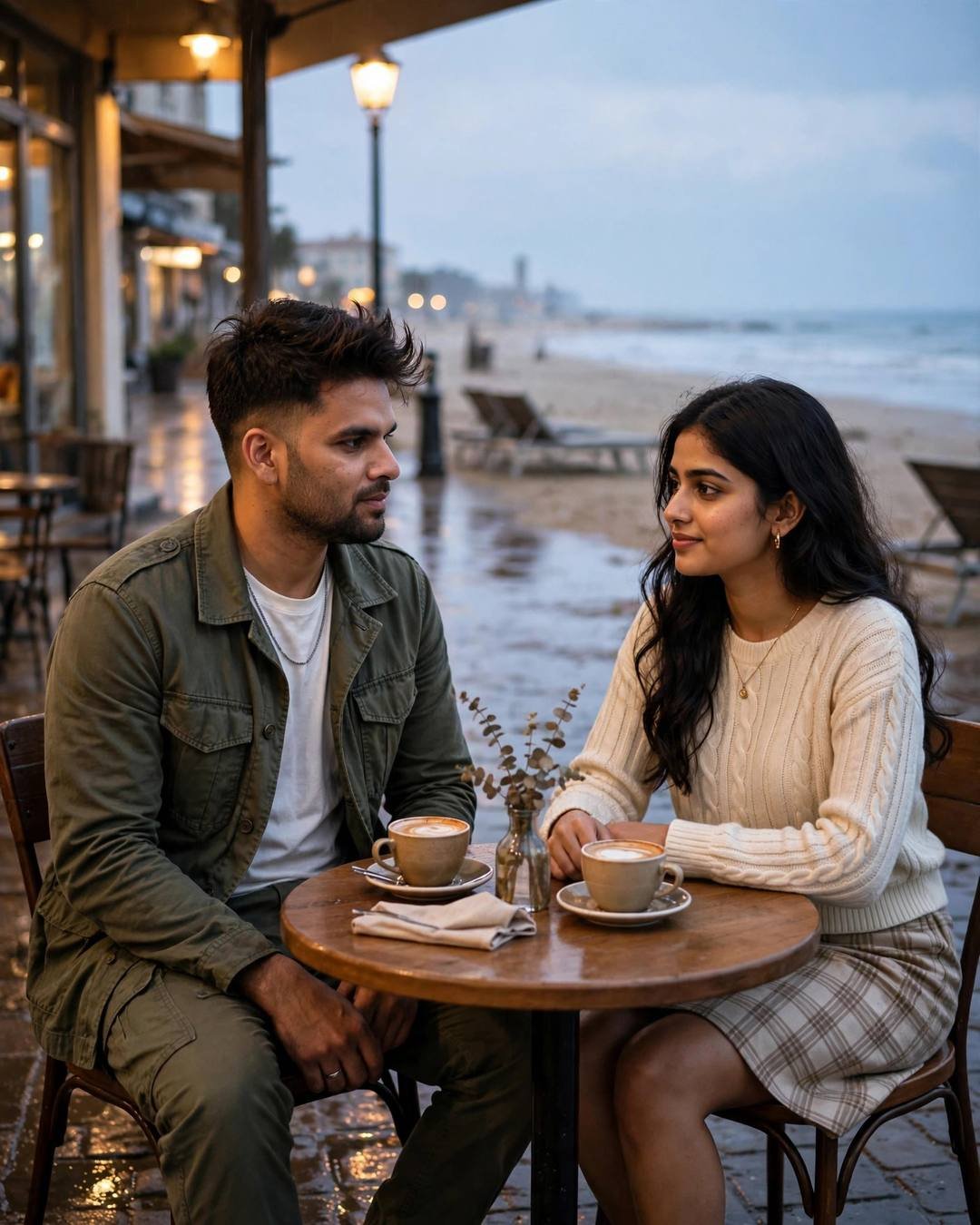 Young Indian couple at a cafe table on a deserted beach at dusk, hands almost touching over coffee cups